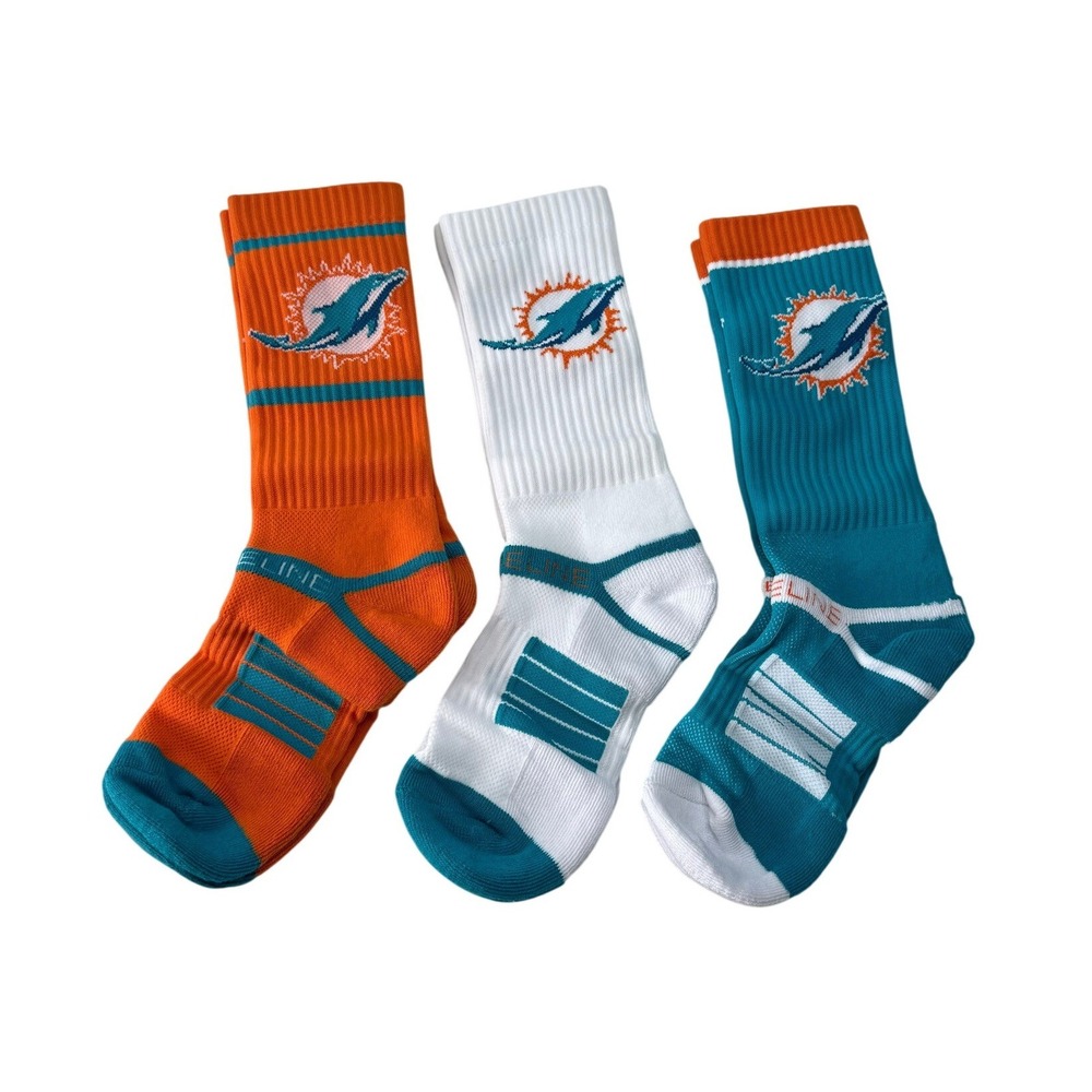Miami Dolphins Strideline NFL Crew Socks 3 Pack Orange White Aqua M/L 8-12 NEW